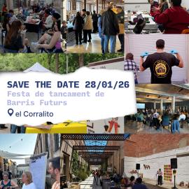Save the date 28/01/26. Festa de tancament de Barris Futurs.